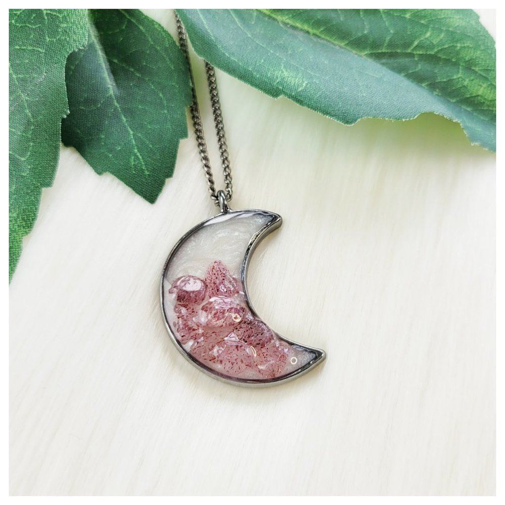 Crescent Moon Necklace Strawberry and Rose Quartz Gunmetal Silver Resin Pendant